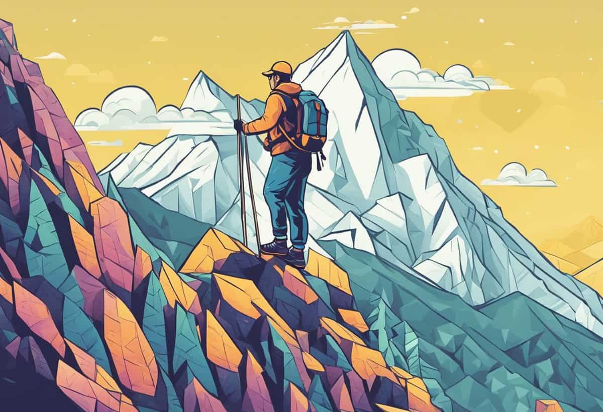 Illustration of a hiker standing on a colorful rocky mountain, looking out over a range of snow-capped peaks under a yellow sky.