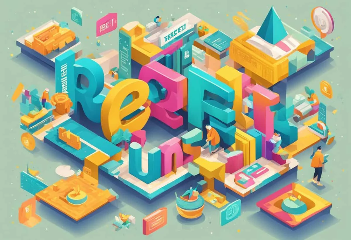 Colorful isometric illustration of a busy cityscape made from large 3d letters spelling "benefit," with tiny people interacting with various objects and structures.