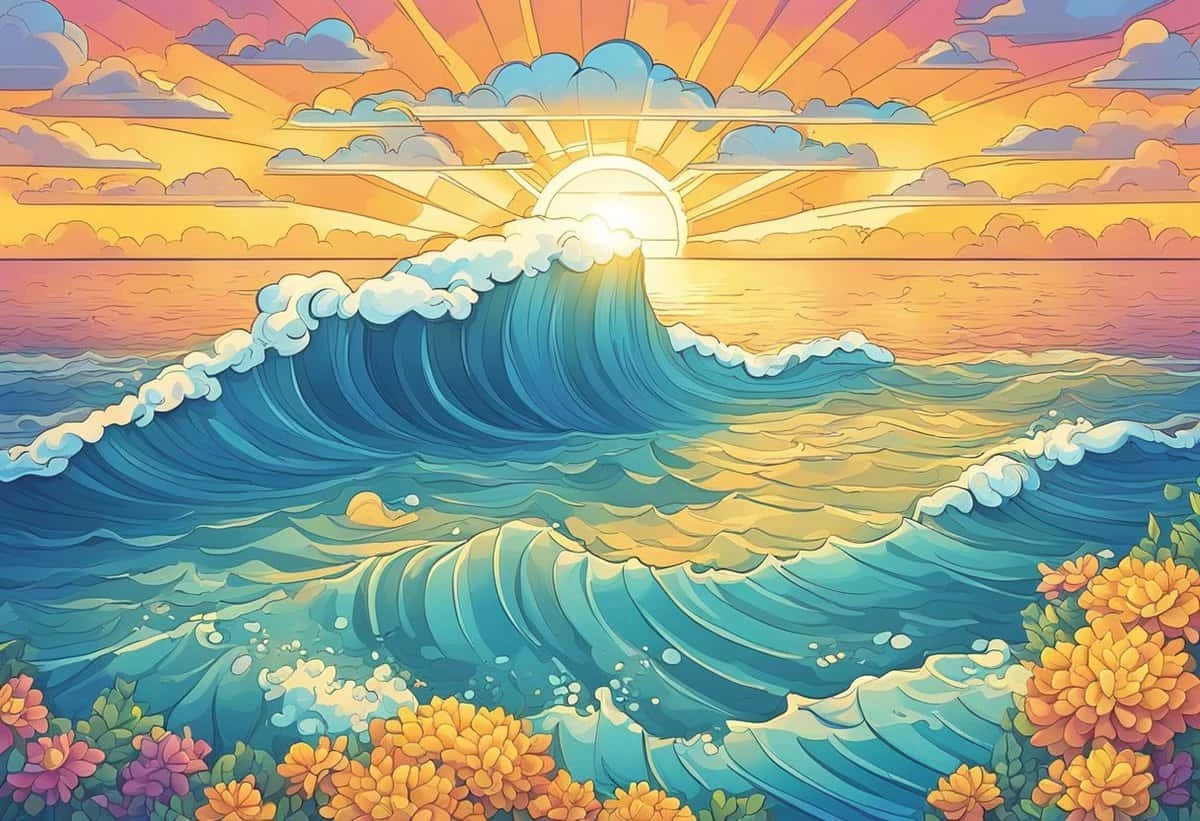 Illustration of a vibrant sunset over the ocean, with large waves in the foreground and rays of sunshine emanating from the horizon.