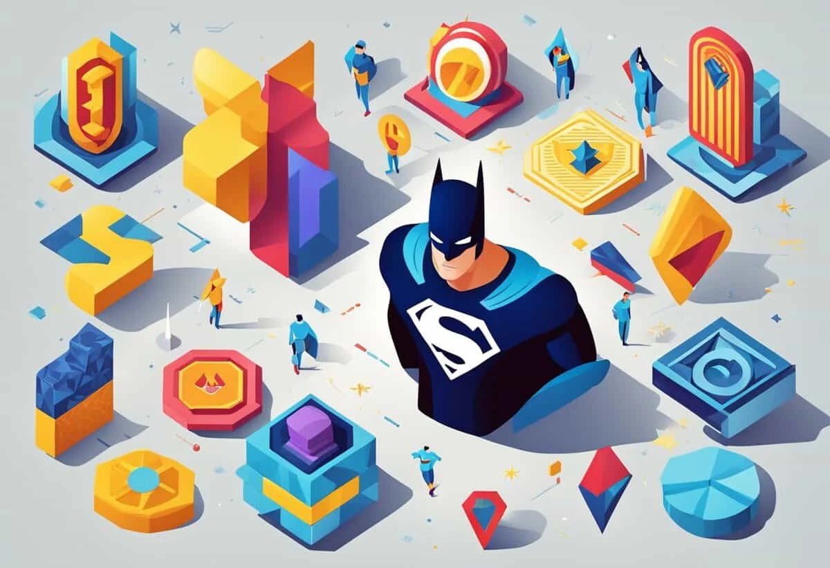 Illustration of a stylized superhero among various colorful, geometric shapes and icons, with miniature figures interacting in a vibrant, abstract environment.