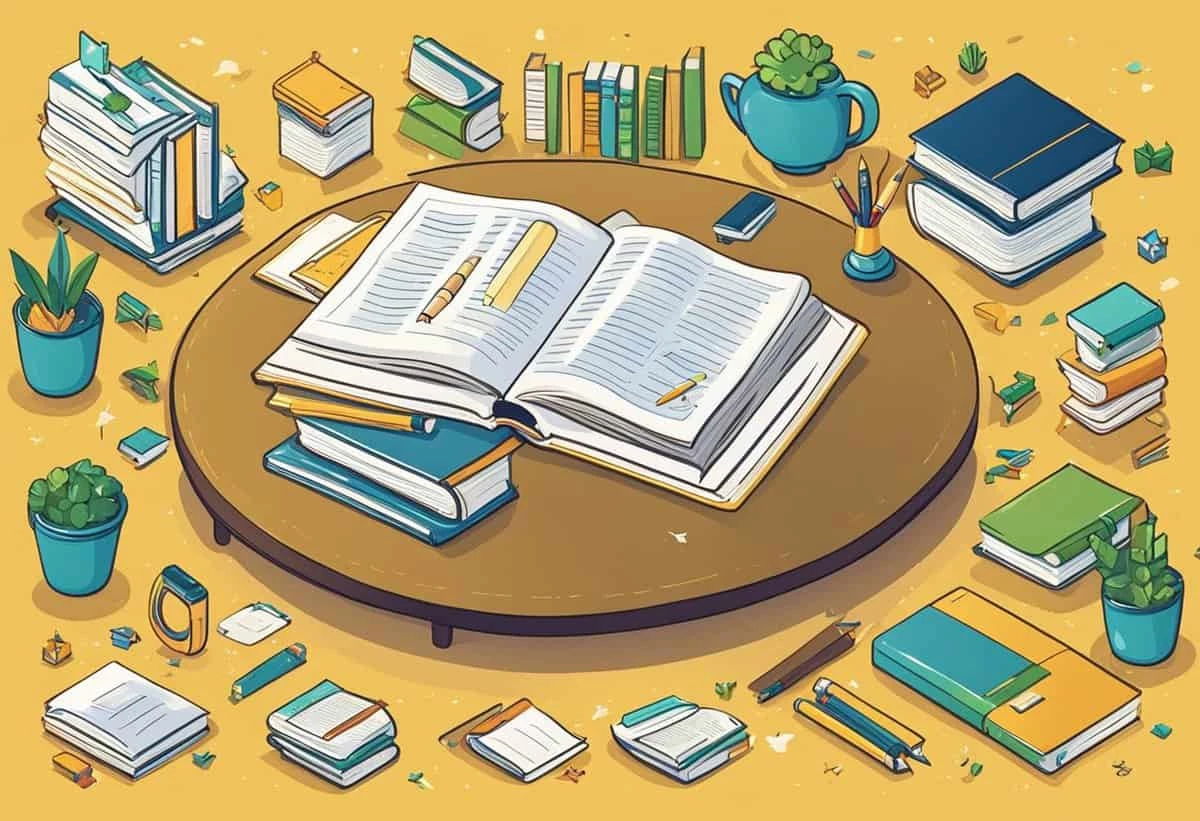 Illustration of an organized study table with open books, piles of books, pens, and potted plants on a yellow background.