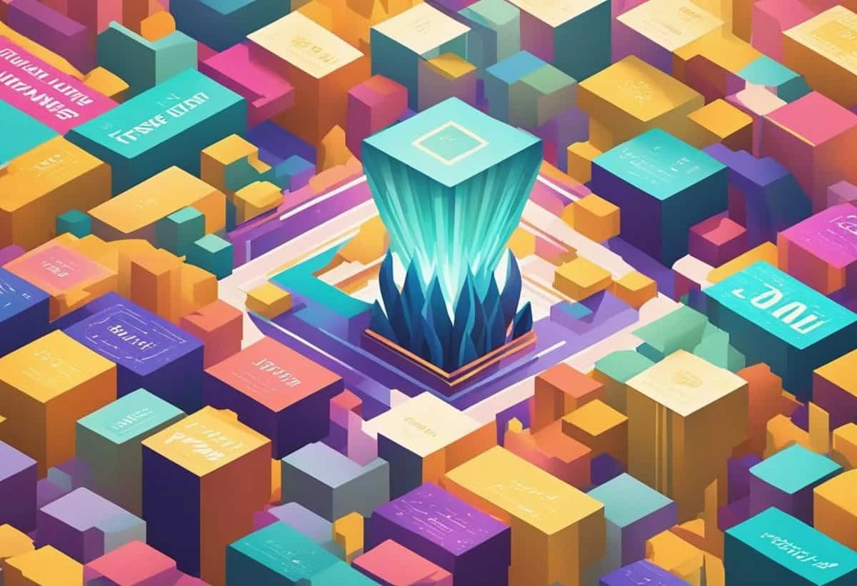 Colorful, isometric illustration of a geometric cityscape centered around a glowing blue crystal monument.