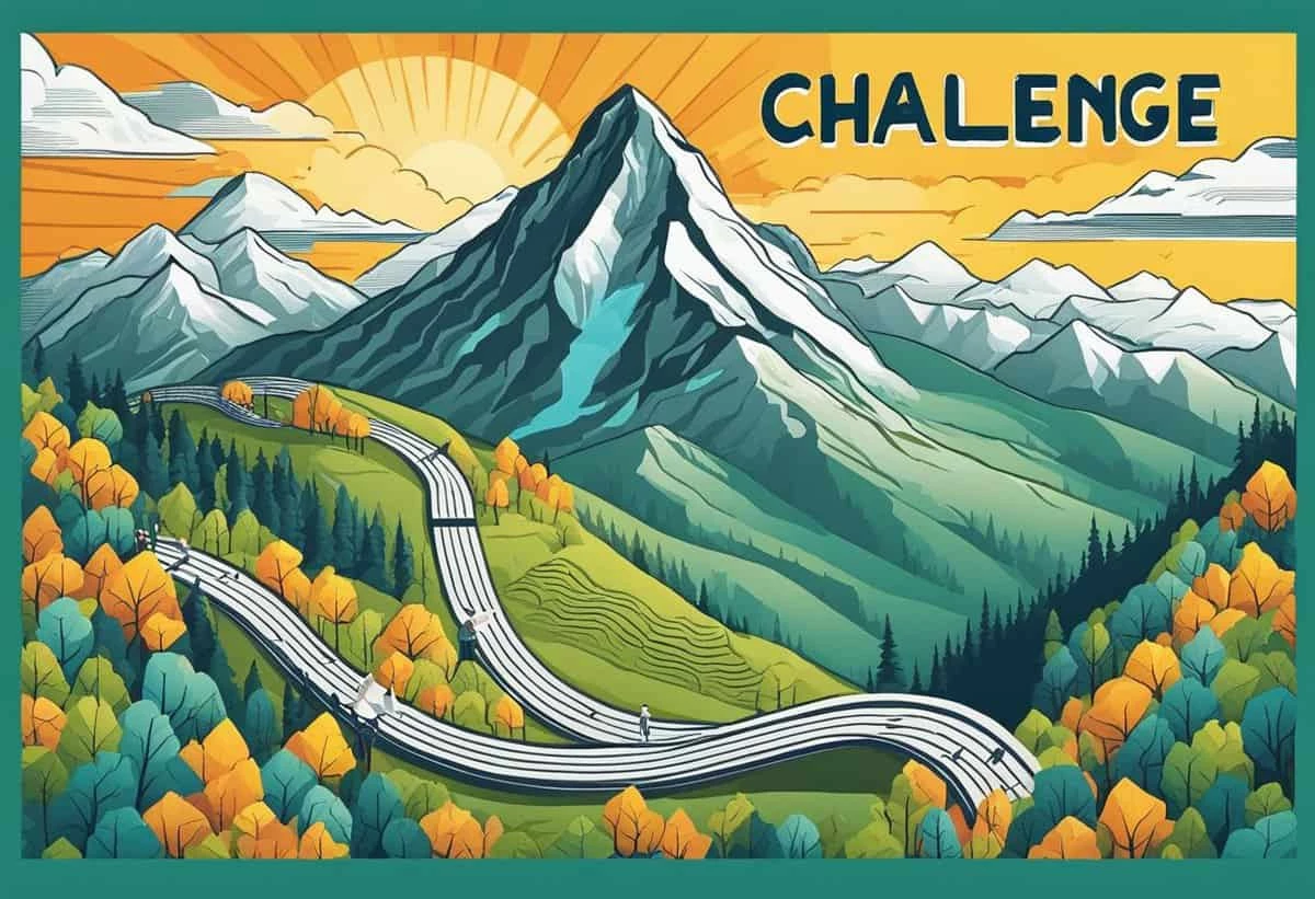 Illustration of a scenic landscape featuring a winding road leading to a prominent mountain, surrounded by colorful forests and distant snowy peaks, with the word "challenge" at the top.
