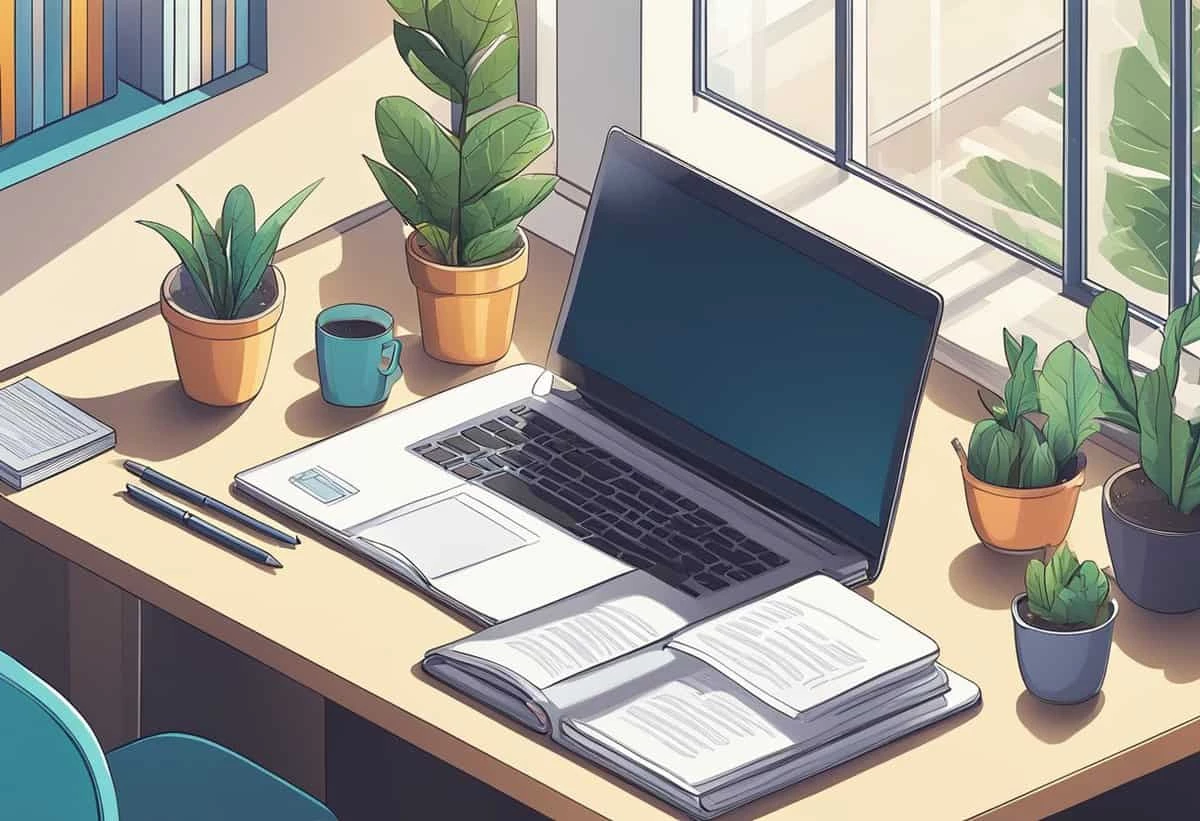 A cozy and bright workspace with an open laptop, a cup of coffee, several books, and multiple potted plants by a window.