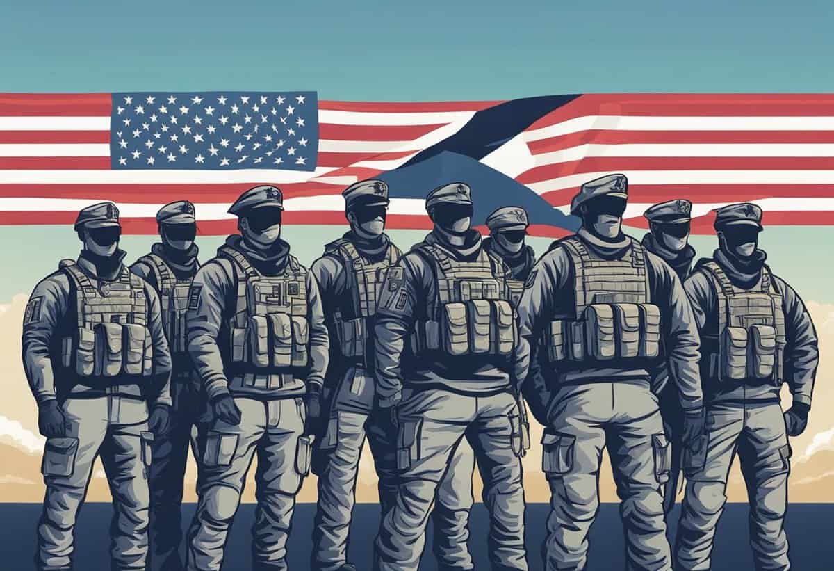 Illustration of a group of seven uniformed military personnel standing in front of an american flag, with a stylized fighter jet overhead.