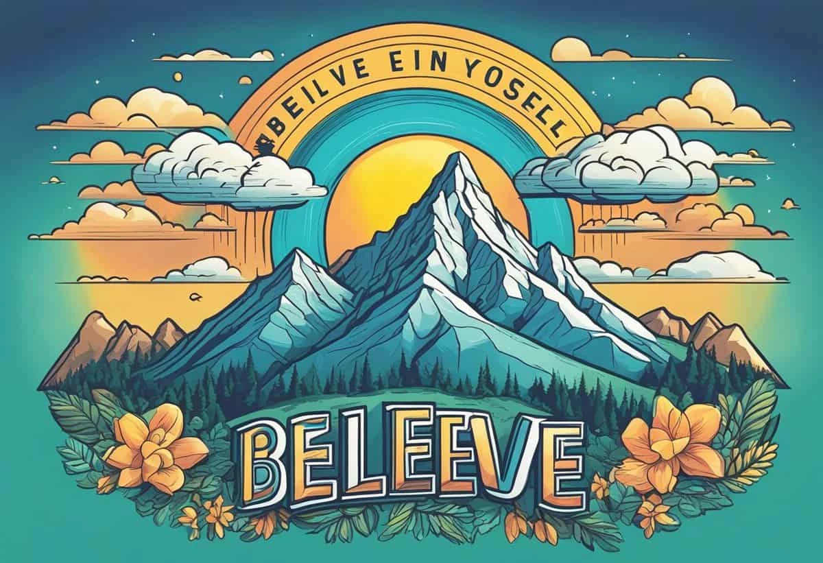 Vibrant illustration featuring a mountain landscape within a circular border, with the words "believe in yourself" at the top and "believe" at the bottom, surrounded by floral elements.