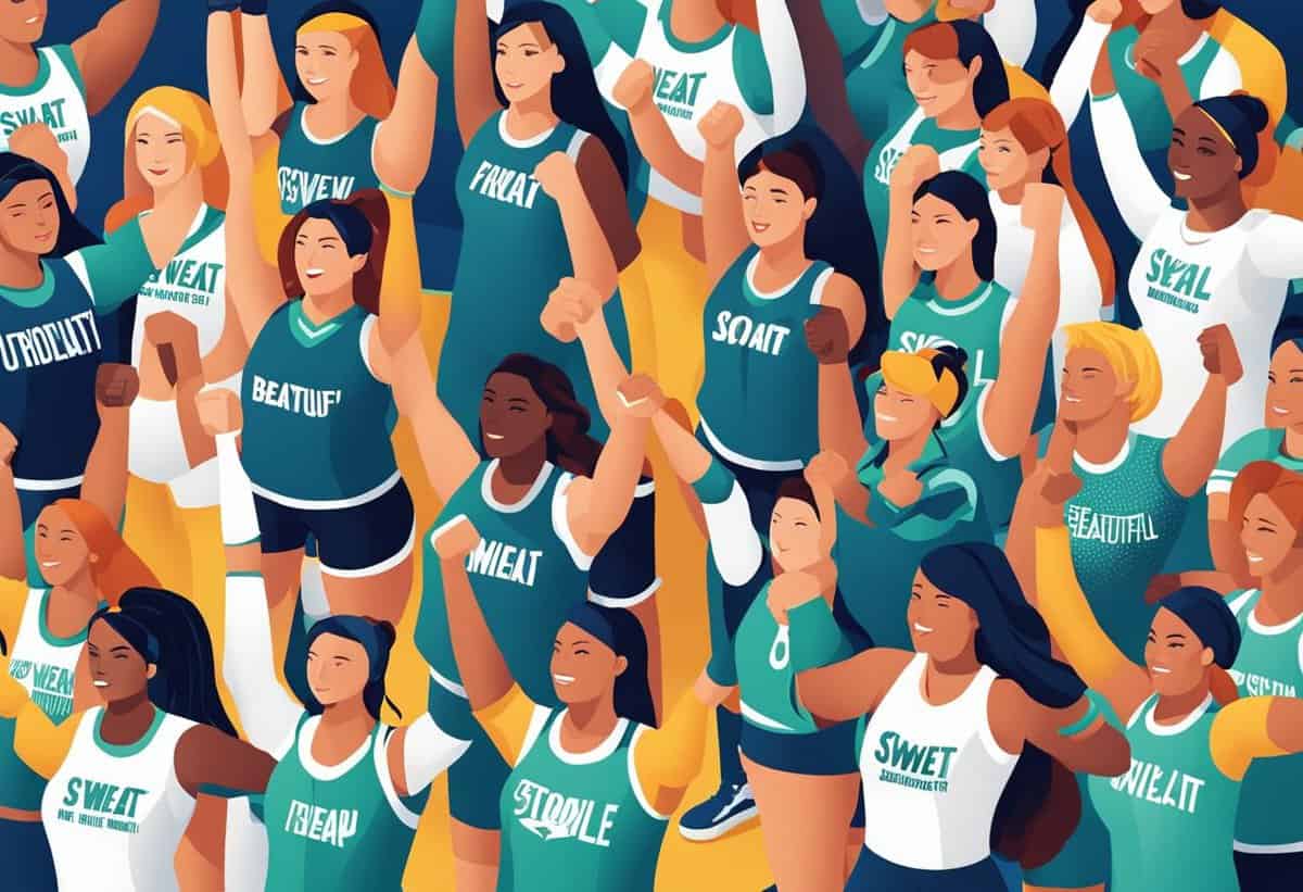 Illustration of a diverse group of athletes in various colorful sportswear, raising their fists in unity and motivation.