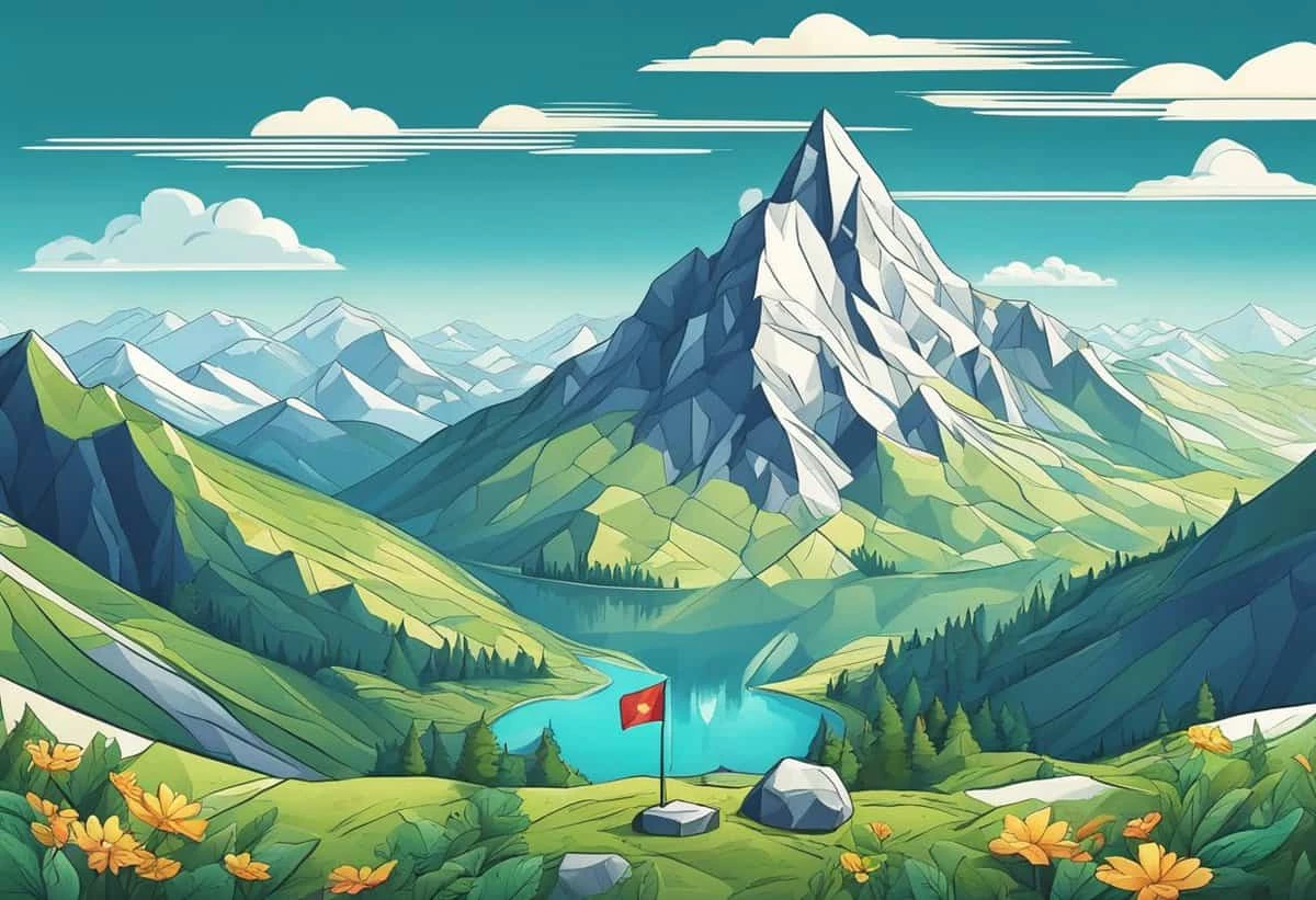 Illustration of a vibrant landscape featuring a towering mountain, surrounding green hills, a serene lake, and a small campsite with a red flag.