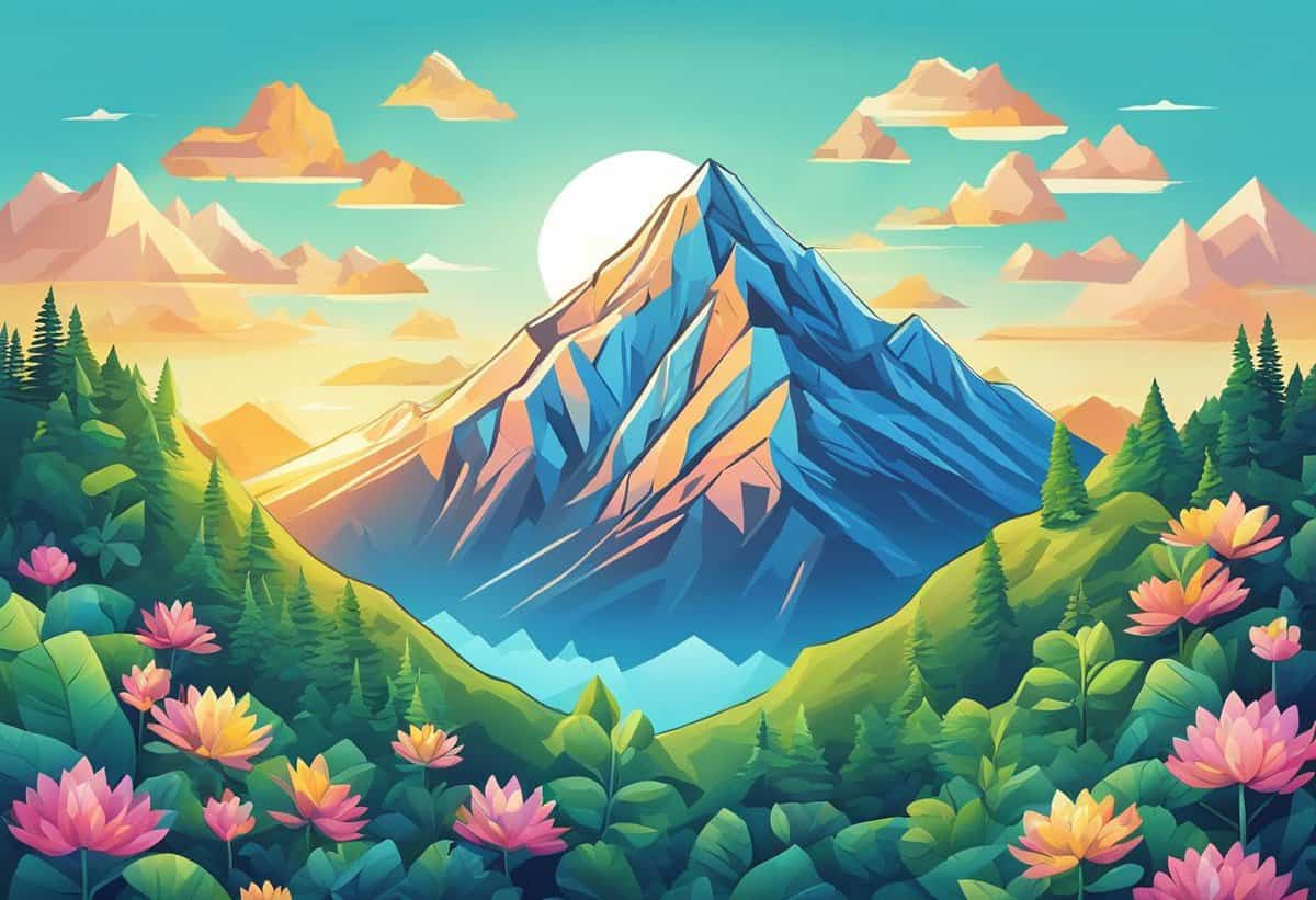 Illustration of a vibrant landscape featuring a large mountain, forest, and lake under a clear sky with the sun setting behind the mountains.