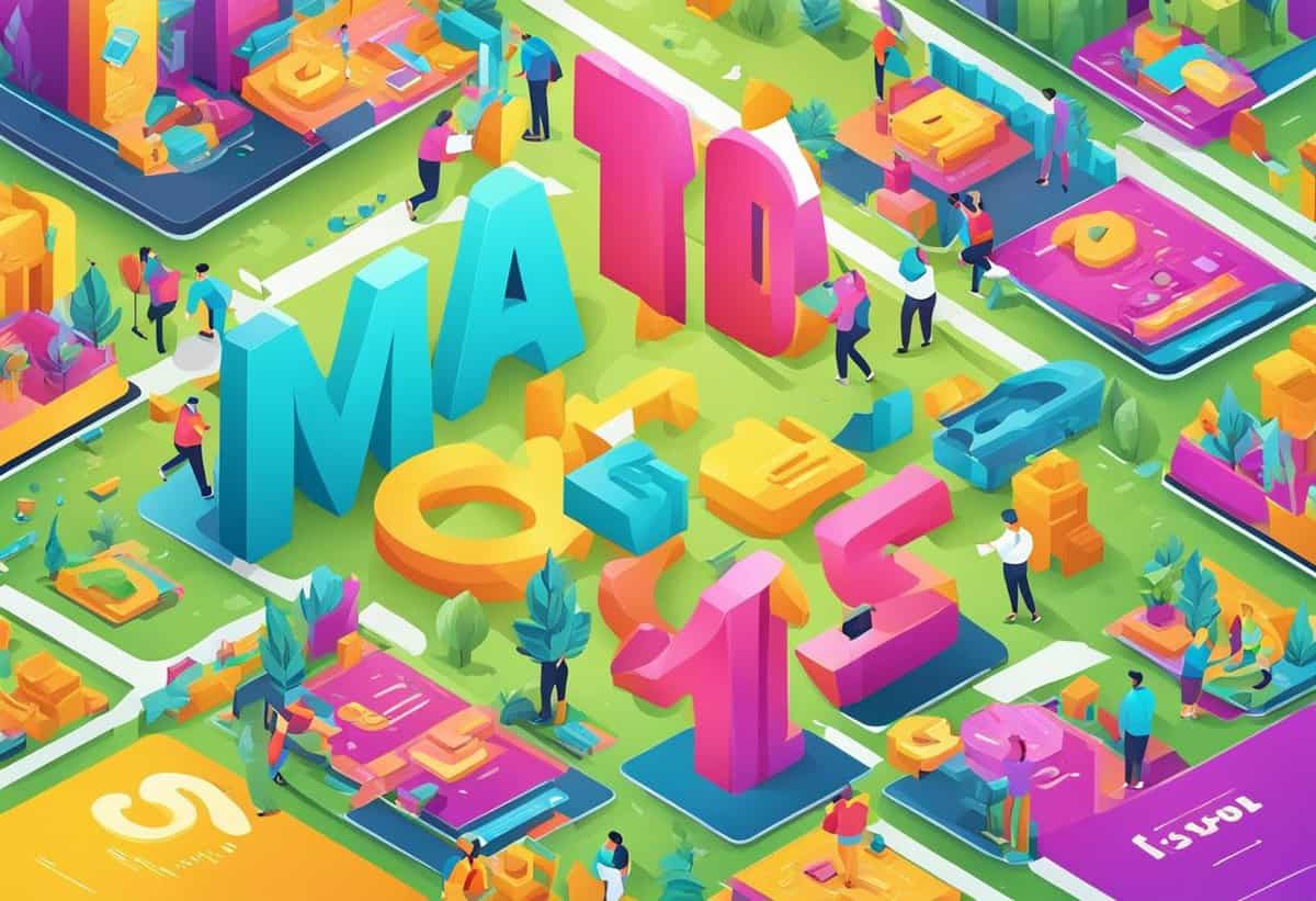 Colorful isometric illustration of a bustling cityscape with large 3d letters spelling "matomo" among small figures and architectural structures.