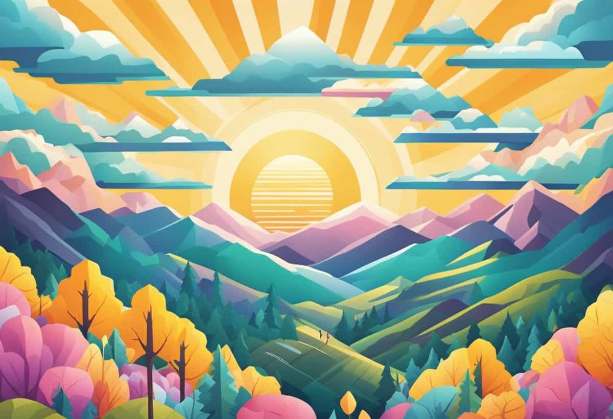Colorful stylized illustration of a landscape with layered mountains, a forest in autumn hues, and a radiant sun rising behind clouds.