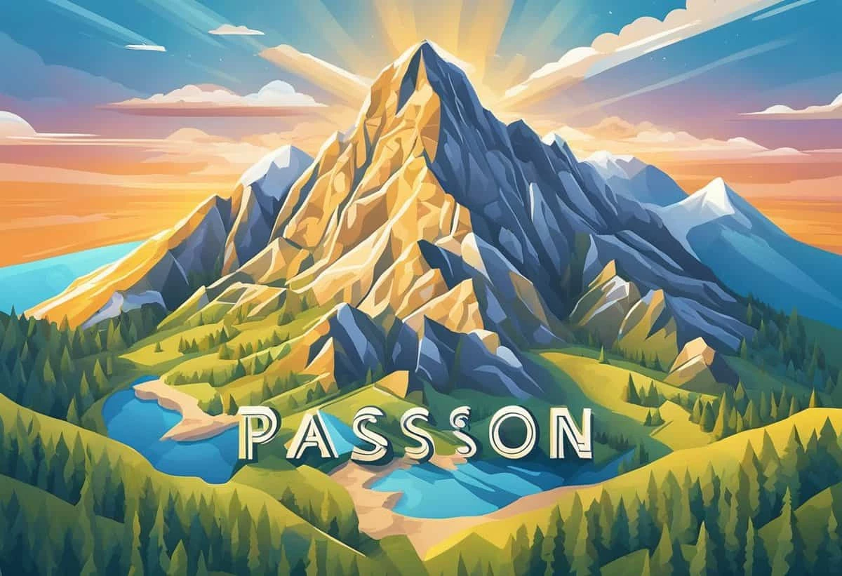 Illustration of a majestic mountain with lush forests and lakes under a sunrise, labeled with the word "passion" at the center.