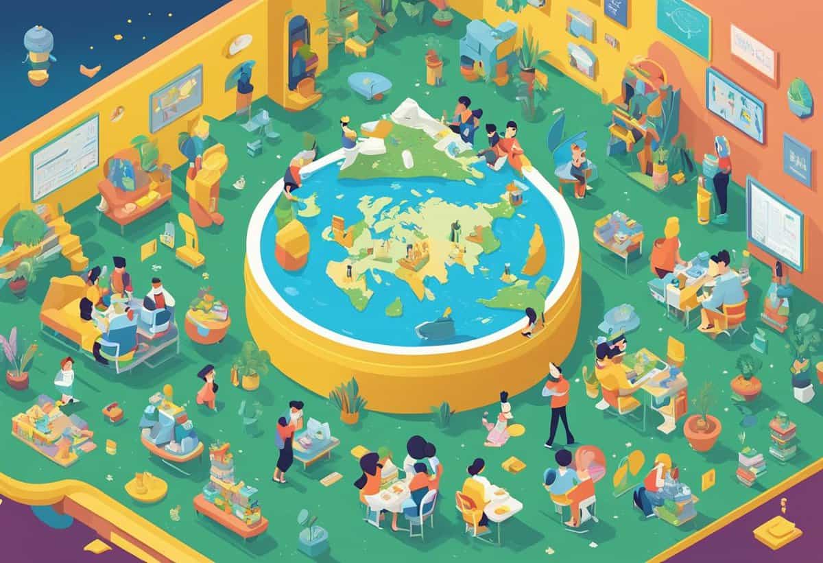 Illustration of a vibrant classroom with students engaging in various activities around a central, circular map of the world.