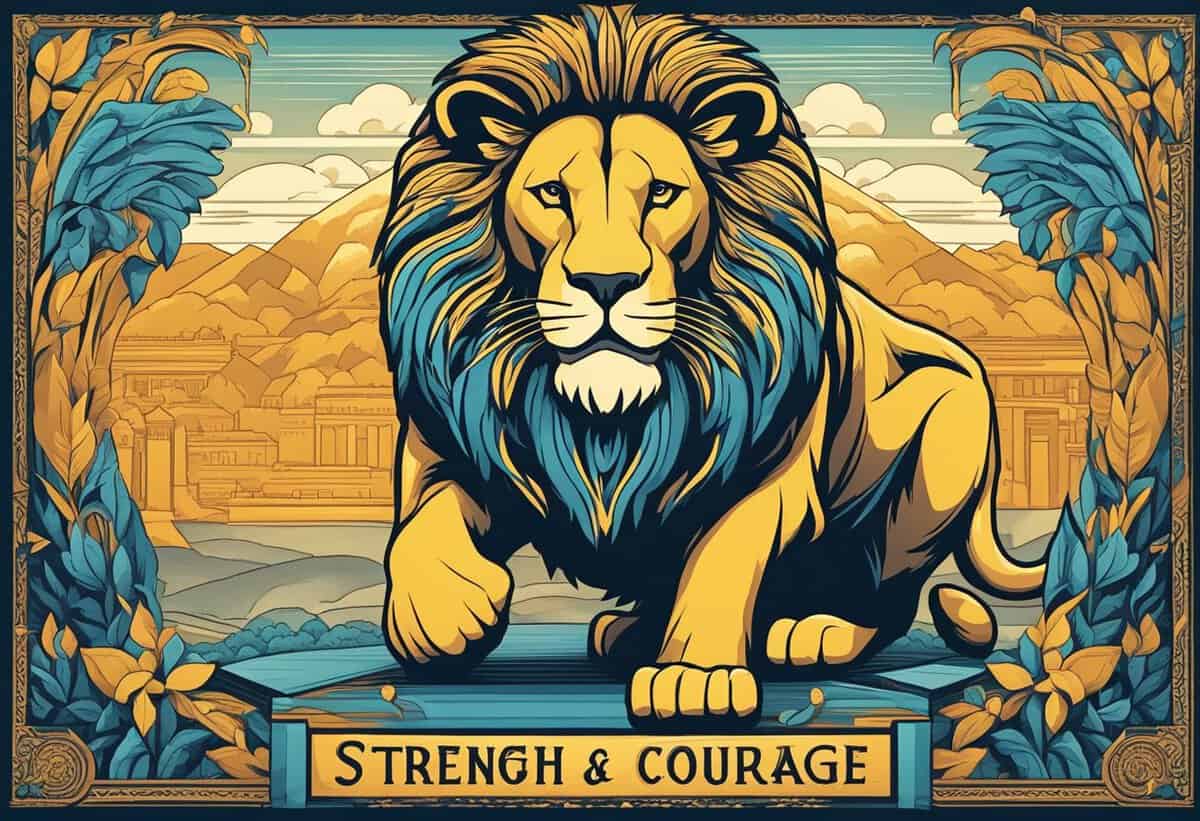 Illustrated poster featuring a majestic lion with a landscape background, framed in a decorative art nouveau style with the words "strength & courage.