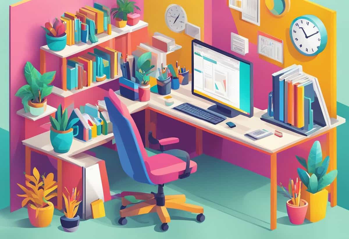 Colorful illustration of a well-organized home office with a desk, computer, shelves with books, and various plants.