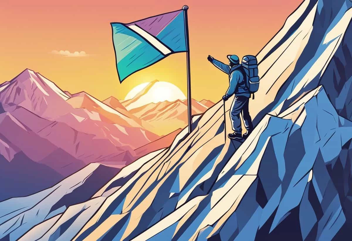 A hiker reaching the summit of a mountain range at sunset, planting a flag on the peak, with a colorful sky in the background.