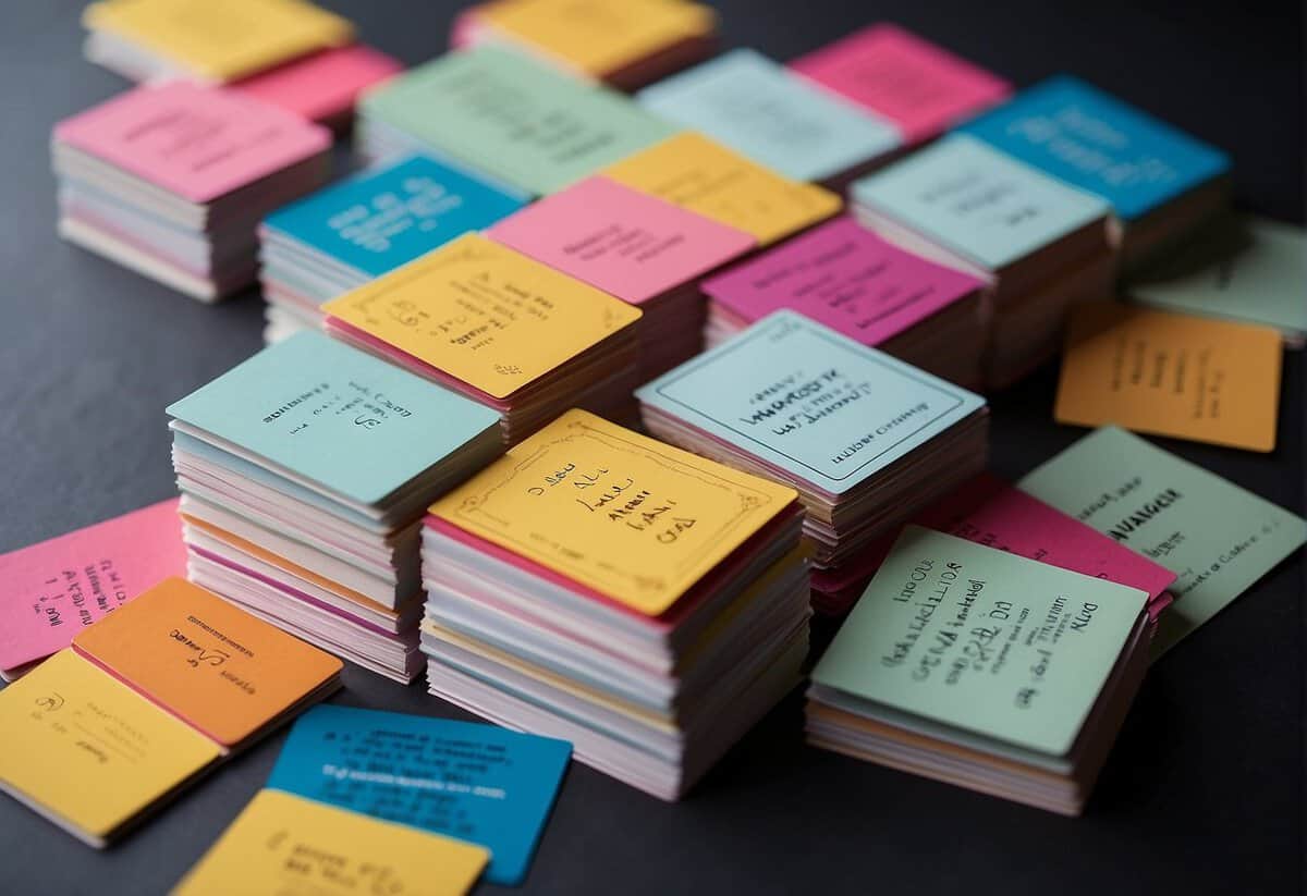 A stack of colorful quote cards arranged in a playful and flirty manner, with witty and humorous phrases written on them