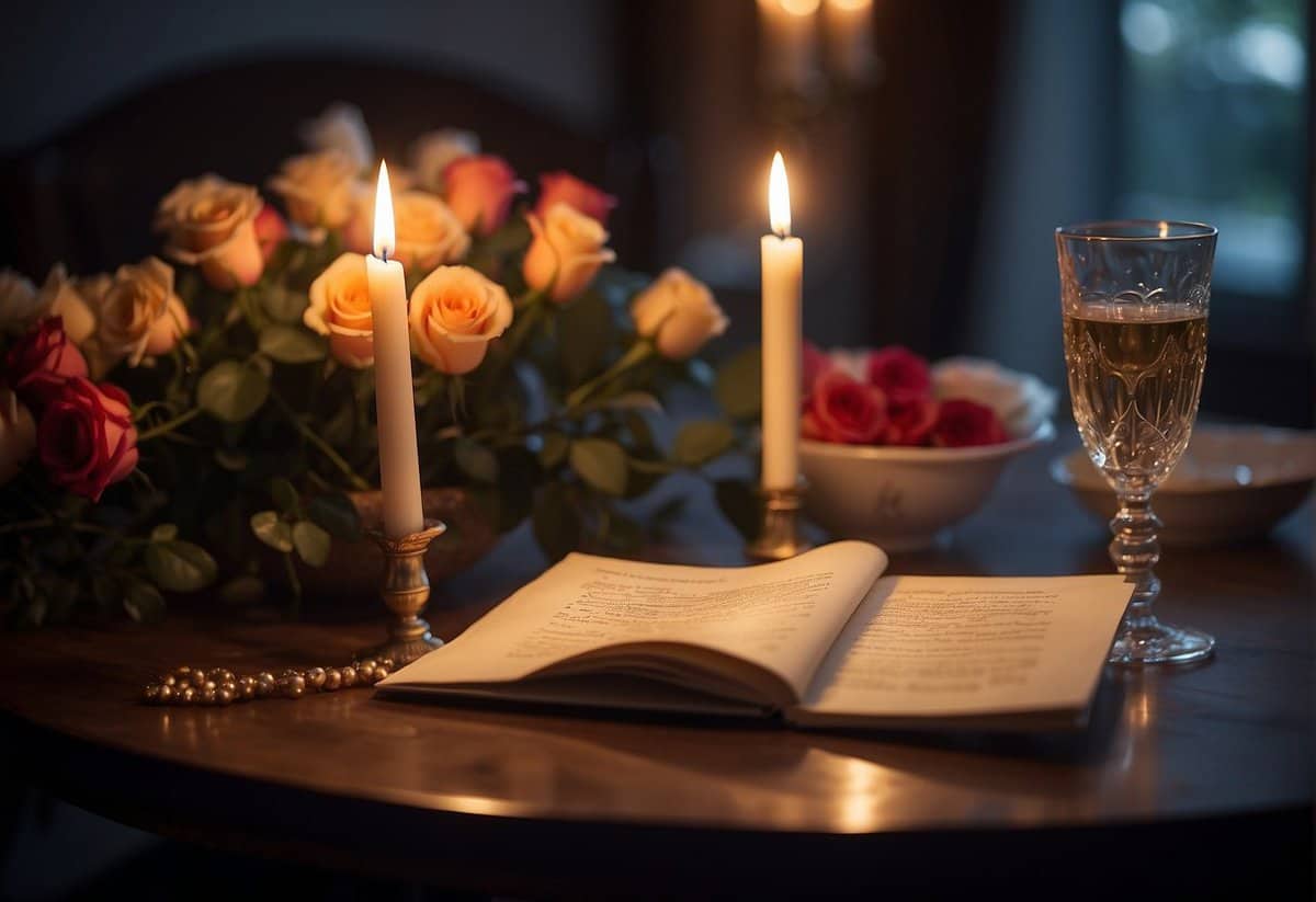 A candlelit dinner table with roses and a love letter