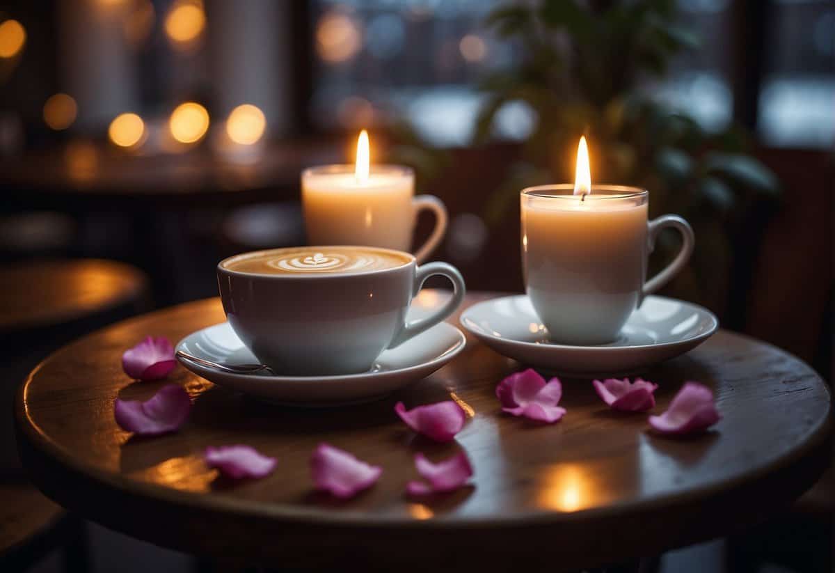 A cozy café table set with two steaming cups of coffee, surrounded by flickering candles and a scattering of rose petals