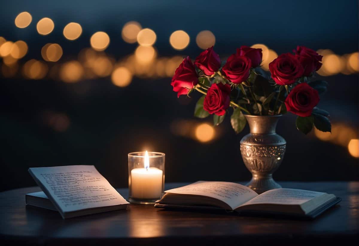 A table with a stack of love letters, a vase of roses, and a flickering candle, set against a backdrop of a starry night sky