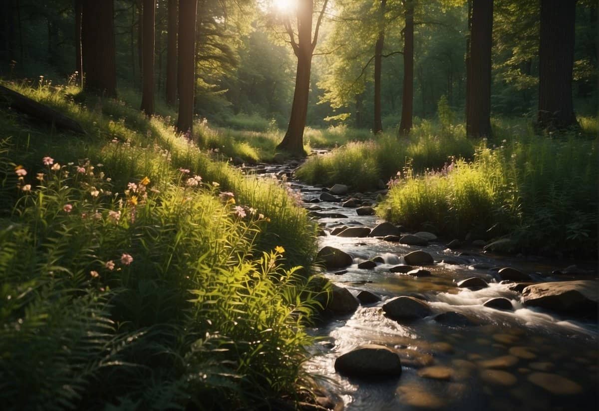 A serene forest with sunlight filtering through the trees, casting dappled shadows on the ground. A stream trickles softly in the background, surrounded by lush greenery and vibrant wildflowers