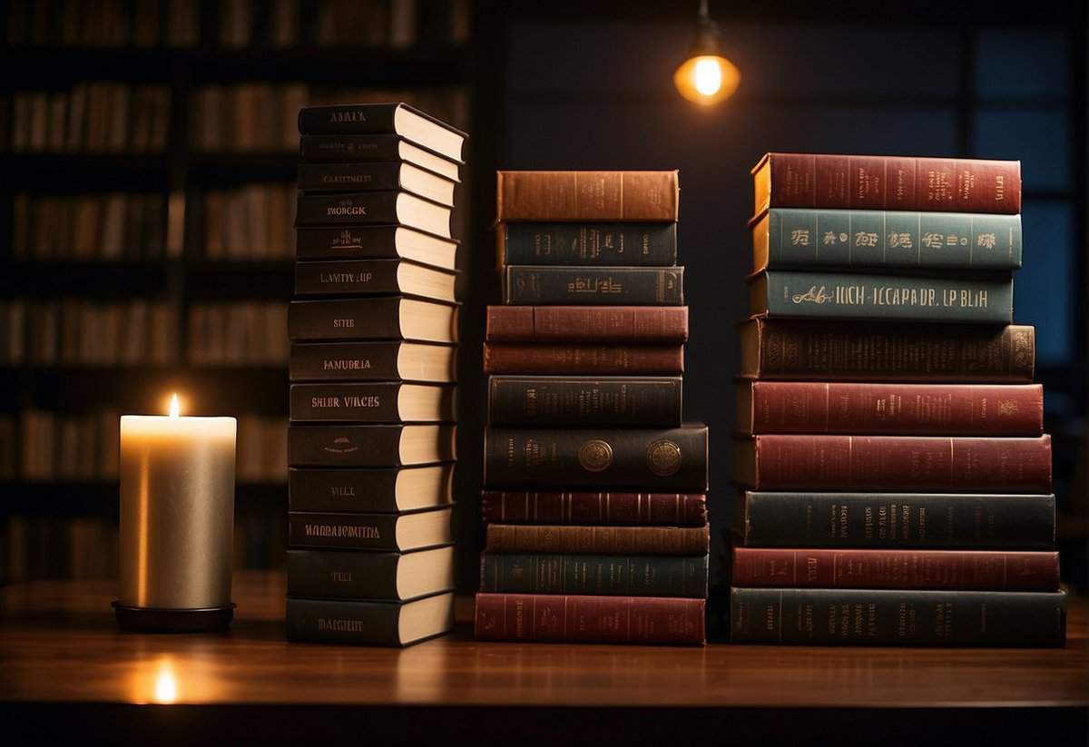 A stack of books with quotes on their spines, surrounded by a dimly lit room with a single spotlight shining on the books