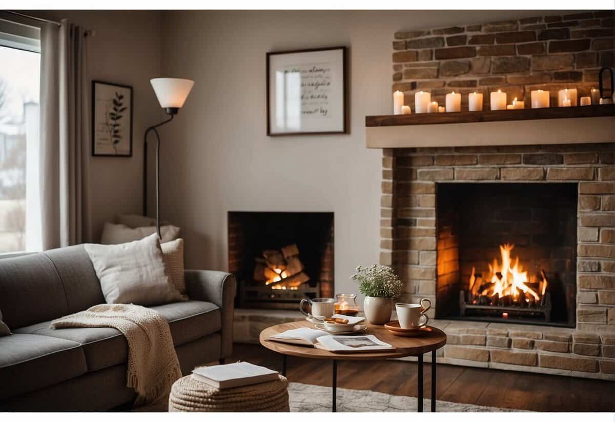 A cozy living room with a crackling fireplace, a warm cup of tea, and a handwritten note with a heartfelt quote