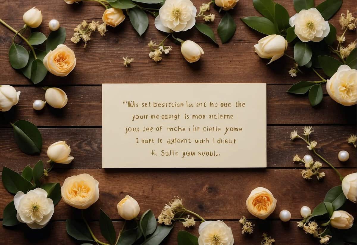 A collection of 25 heartfelt quotes displayed on a wooden board, surrounded by soft, warm lighting and delicate floral accents