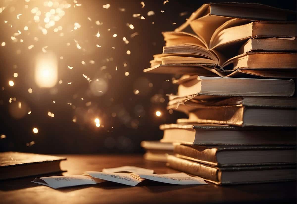 A stack of open books with pages fluttering, surrounded by scattered quote cards and a warm, glowing light