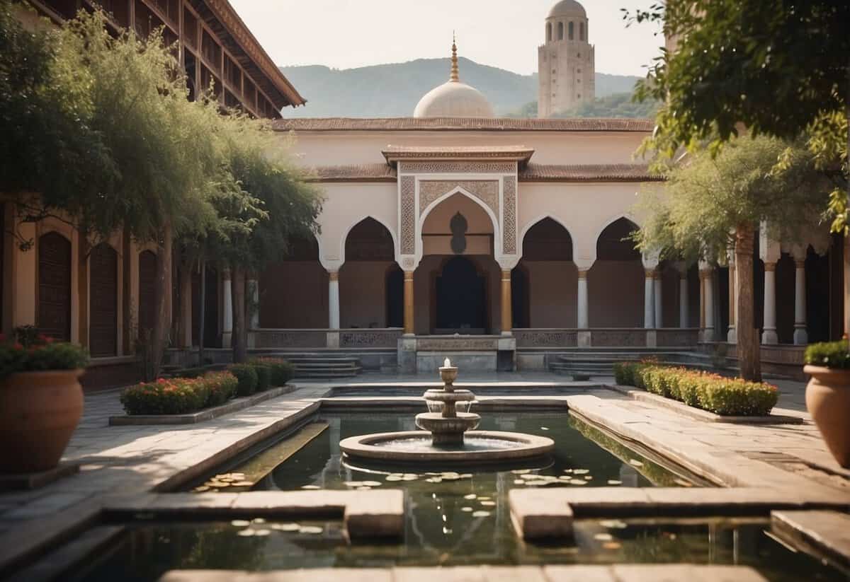 A tranquil mosque courtyard with a calligraphy-inscribed wall, blooming flowers, and a peaceful fountain