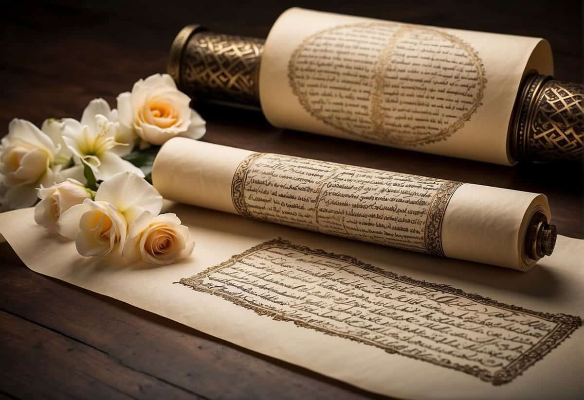 A collection of Islamic quotes displayed on a parchment scroll, surrounded by delicate floral motifs and intricate calligraphy
