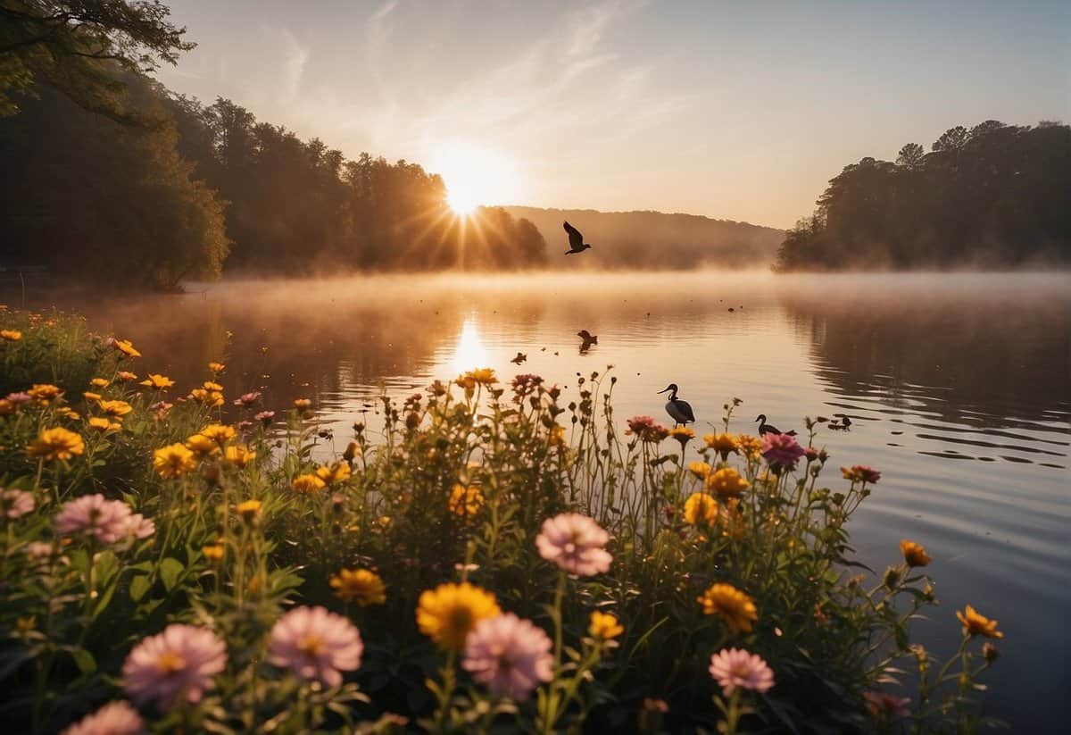 Sunrise over a tranquil lake with mist rising, surrounded by colorful flowers and chirping birds