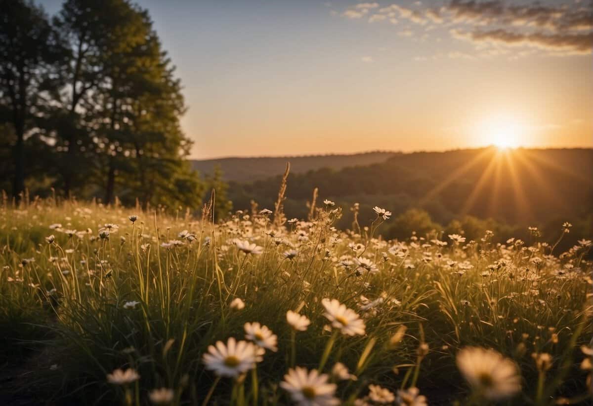 A serene sunrise over a tranquil landscape, with a soft golden light illuminating a field of blooming flowers and a gentle breeze rustling the leaves