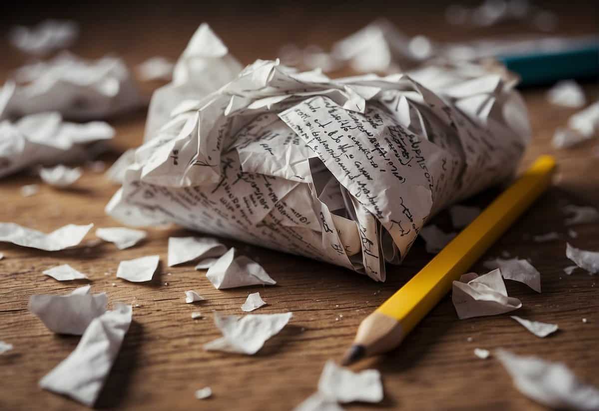 A pile of crumpled paper with handwritten toxic relationship quotes scattered on the floor, surrounded by broken pencils and eraser shavings