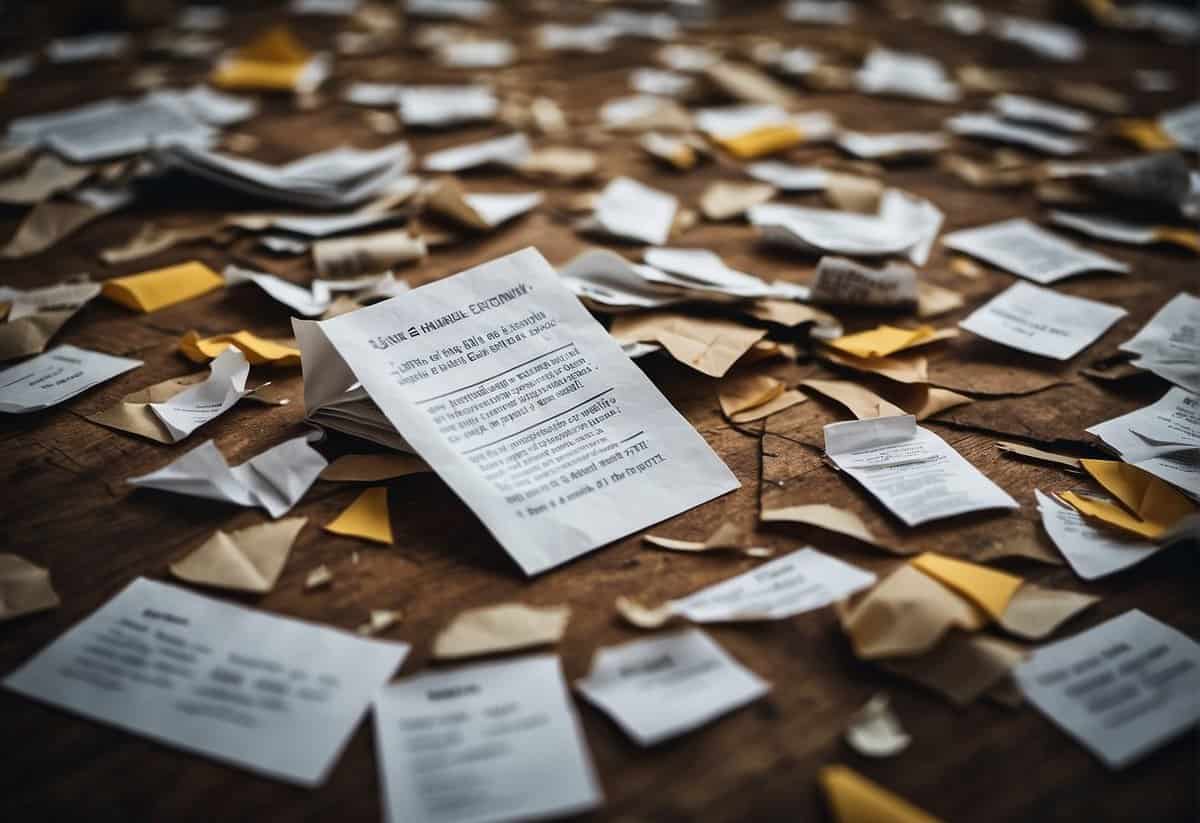 A pile of crumpled papers with toxic relationship quotes scattered on the floor, surrounded by broken pencils and torn pages