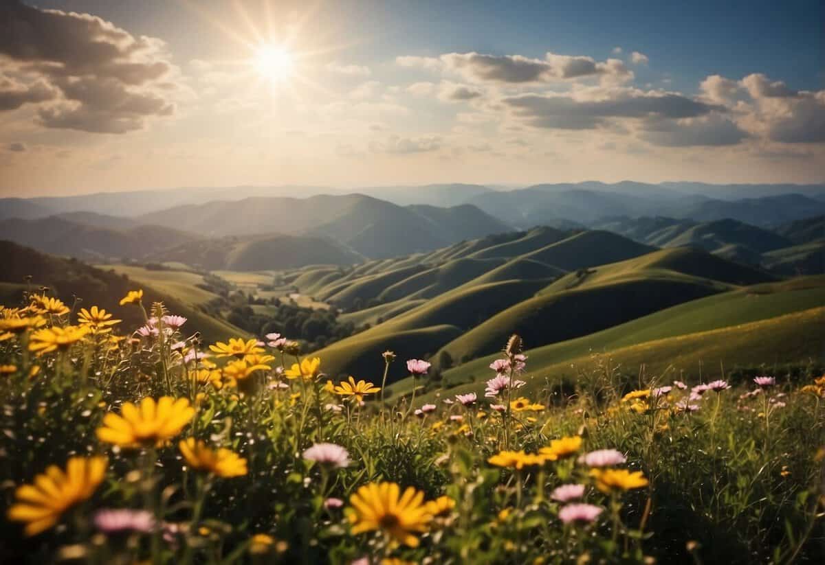 Sunburst over rolling hills, with colorful flowers and butterflies. A radiant, glowing energy emanates from the landscape