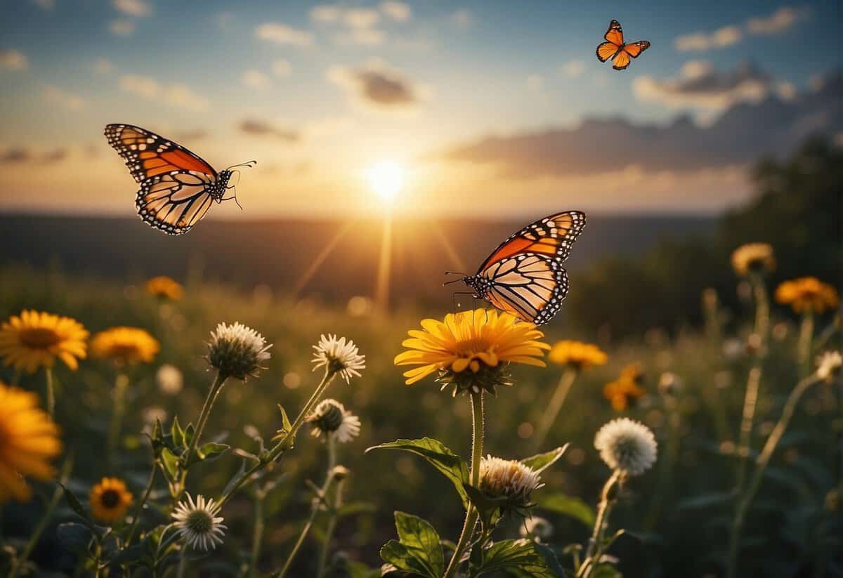 A bright sun rises over a serene landscape with blooming flowers and fluttering butterflies, accompanied by uplifting quotes and vibrant colors