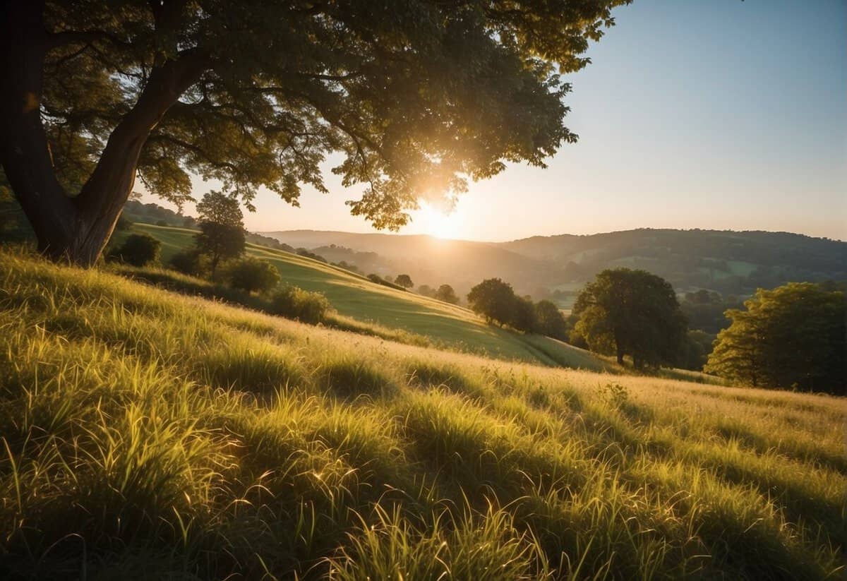 The sun shines brightly, casting warm golden rays across a serene landscape of rolling hills and lush greenery