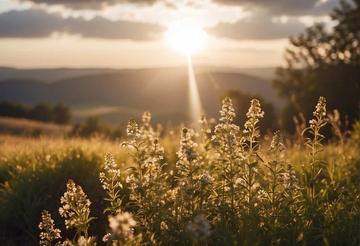 Sun rays streaming through fluffy clouds onto a serene landscape. Wildflowers sway in the gentle breeze, casting long shadows on the sun-kissed ground