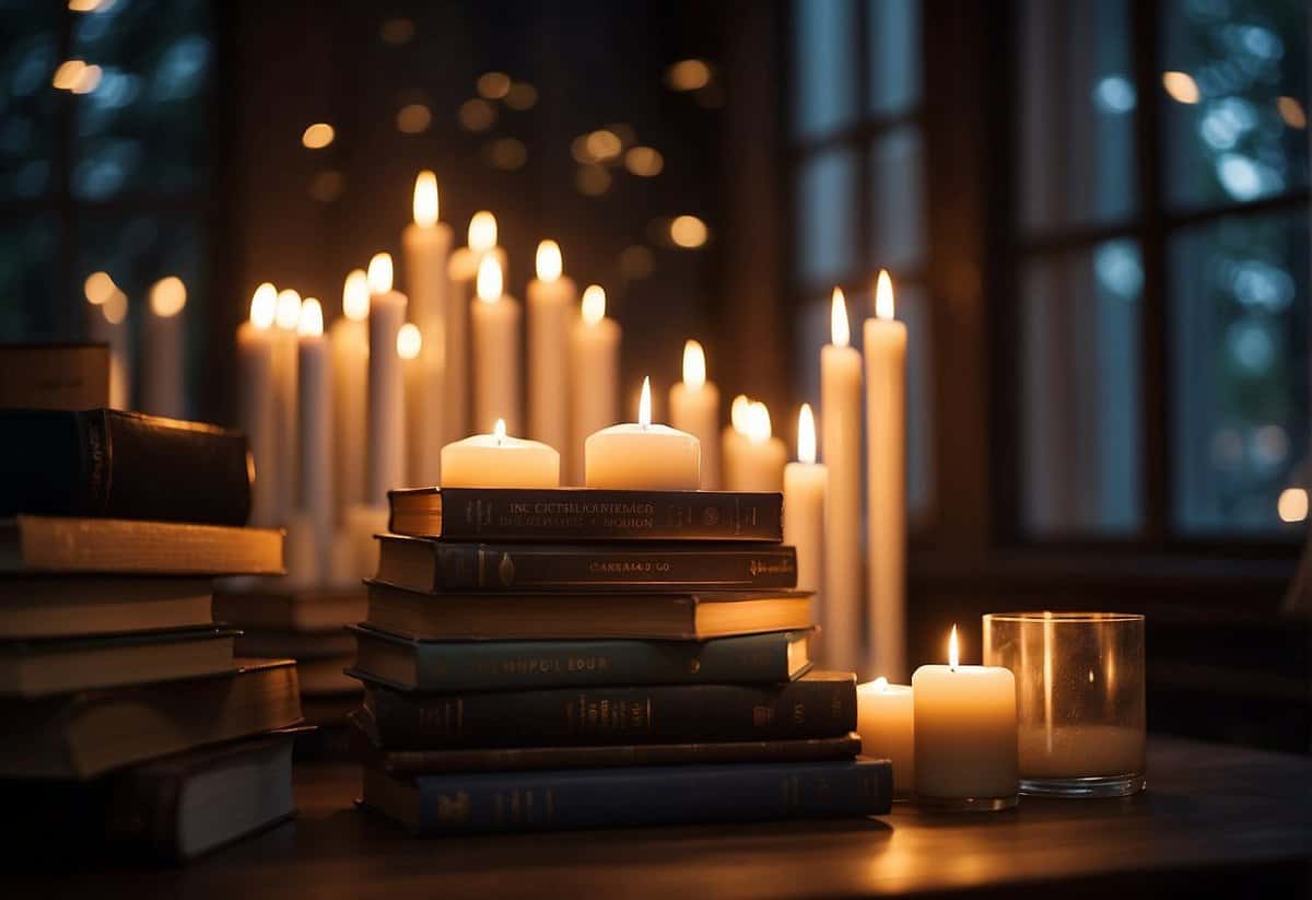 A stack of open books with various quotes on each page, surrounded by flickering candles and a soft glow from a nearby window