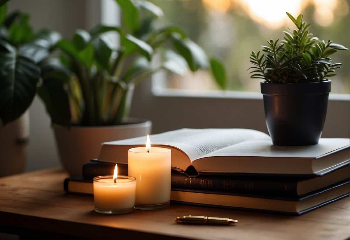 A stack of open books, surrounded by flickering candles and a potted plant, with a pen resting on a blank page