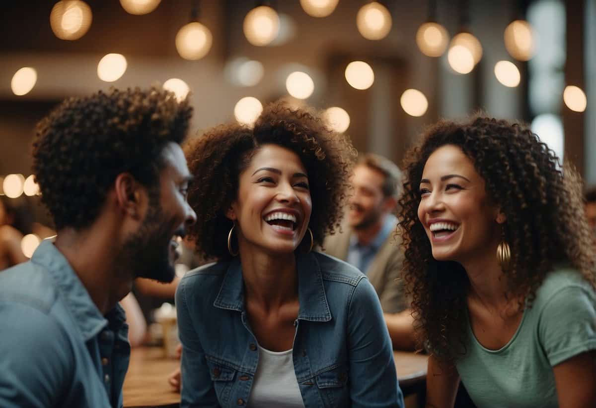 A group of people laughing and smiling while engaging in friendly conversation, surrounded by uplifting and encouraging words and phrases