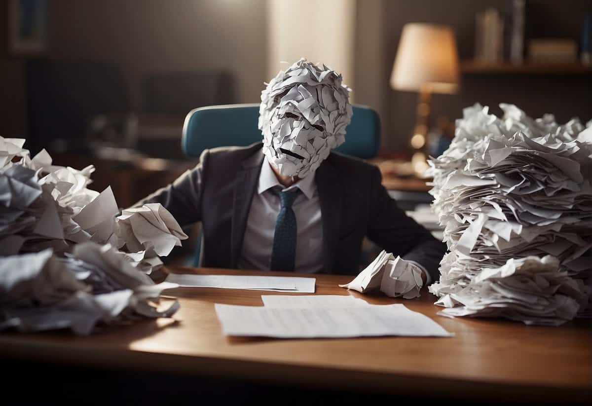 A pile of crumpled papers, a broken pencil, and a frustrated expression on a faceless figure's desk
