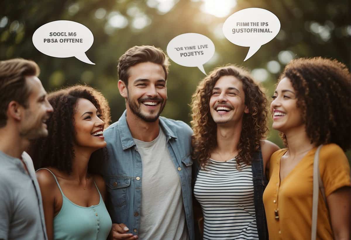 A group of friends standing in a circle, smiling and laughing. Speech bubbles with supportive quotes float above their heads