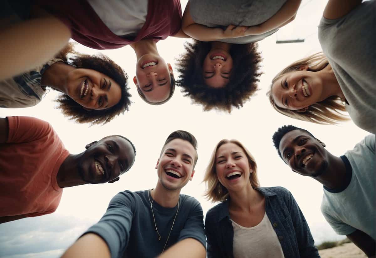 A group of friends gathered in a circle, laughing and chatting. They are offering support and encouragement to each other, with smiles on their faces