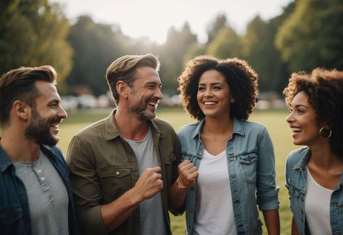 A group of diverse friends stand in a circle, laughing and chatting. They are smiling and offering support to one another