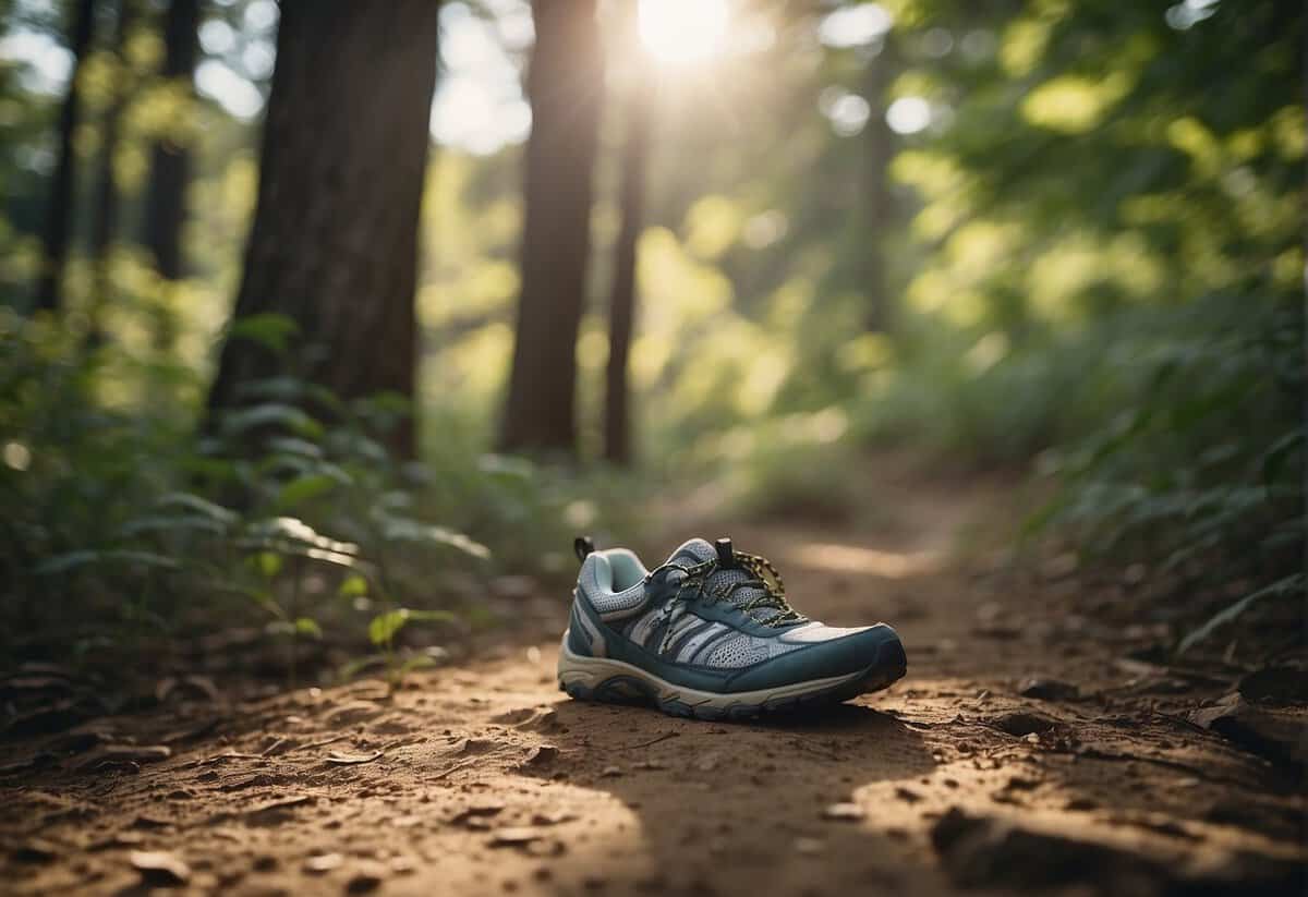 A pair of running shoes on a dirt trail, surrounded by trees and sunlight filtering through the leaves