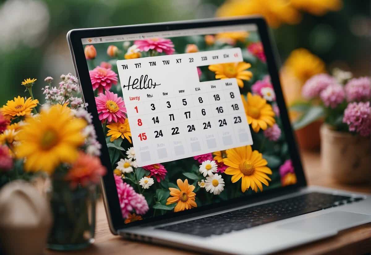 A calendar page with the words "Hello, new month" written in elegant script, surrounded by colorful flowers and vibrant foliage