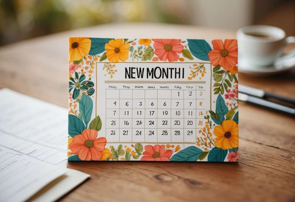 A calendar page with the title "New Month Quotes" surrounded by colorful illustrations and decorative elements