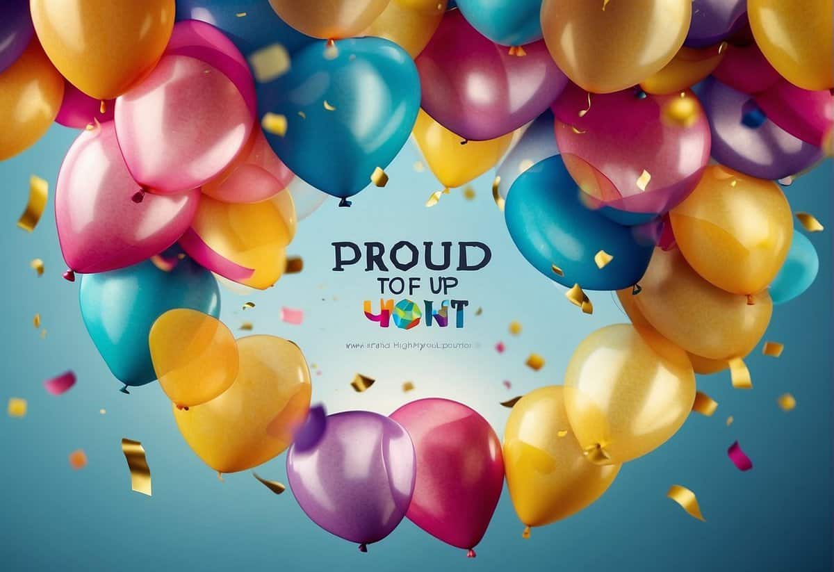 A banner with "Proud of You" quotes, surrounded by colorful confetti and bright, uplifting colors